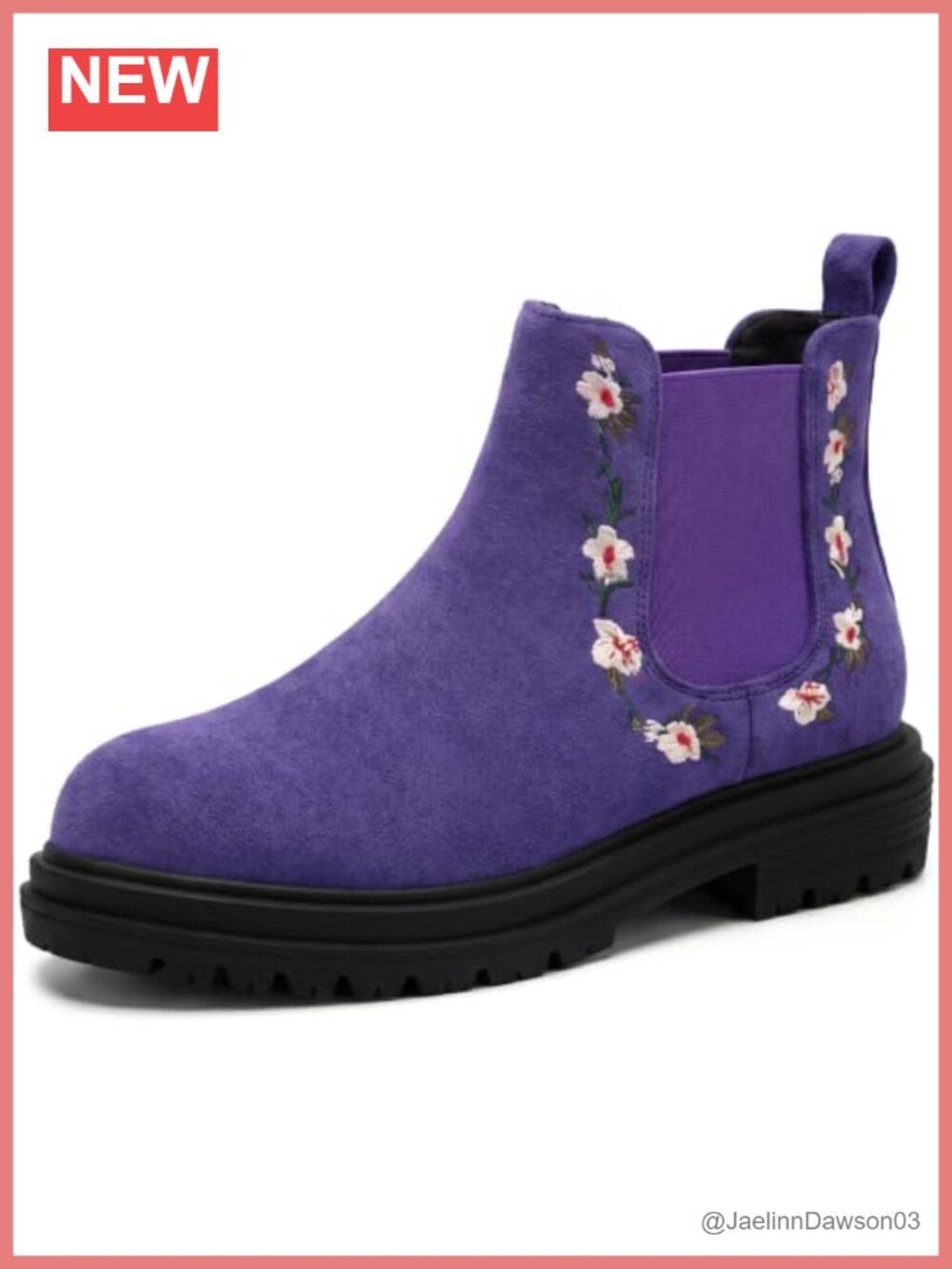 Floral Embroidered Faux Leather Chelsea Ankle Boots Chunky Lug Heel
